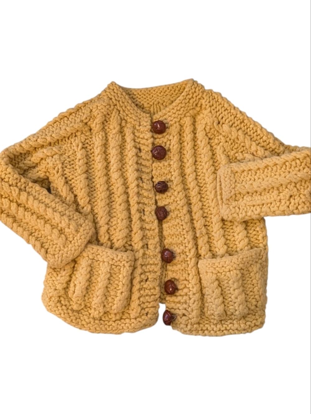 60s 70s Vintage Kids Yellow Chunky Hand Knit Cardigan Sweater
